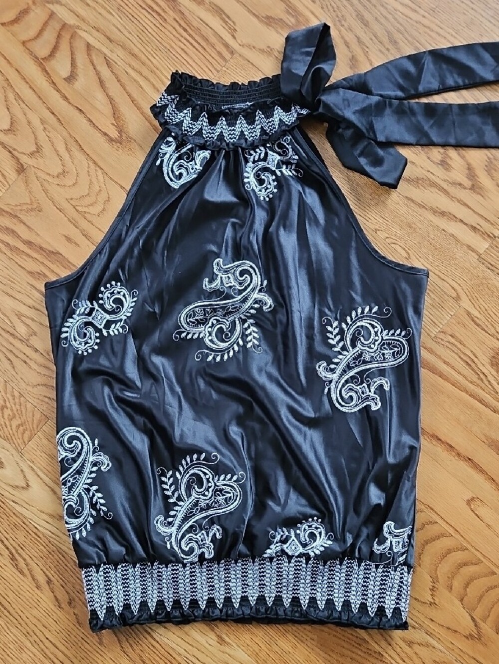 Black Paisley Halter Top with Silver Embroidery